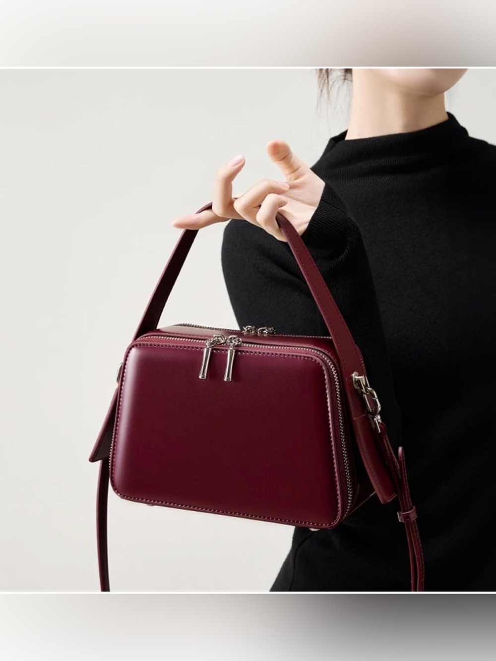 Vintage genuine leather Structured Leather Crossbody Bag in Burgundy - Picture 7 of 17